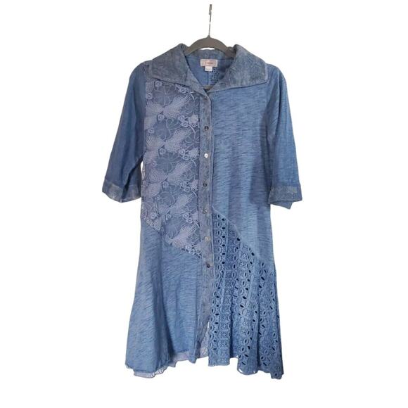 Kamana Lagenlook Burnout Embroidered Light Blue Tunic Blouse Dress, Size Medium - Picture 1 of 15